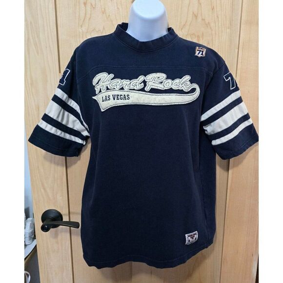 Vtg Hard Rock Cafe Las Vegas Navy Blue 71 Varsity Letters Style Tee Shirt - Picture 1 of 12